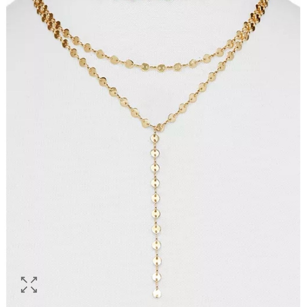 BaubleBar Gold Tone Larat Double Strand Layered Coin Disc Y-Chain Necklace.